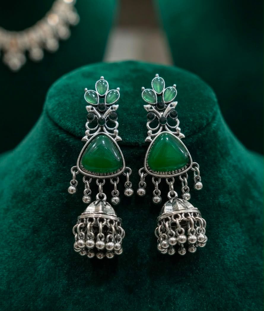 Premium quality antique jhumkas with natural stones  Available in 6 colours